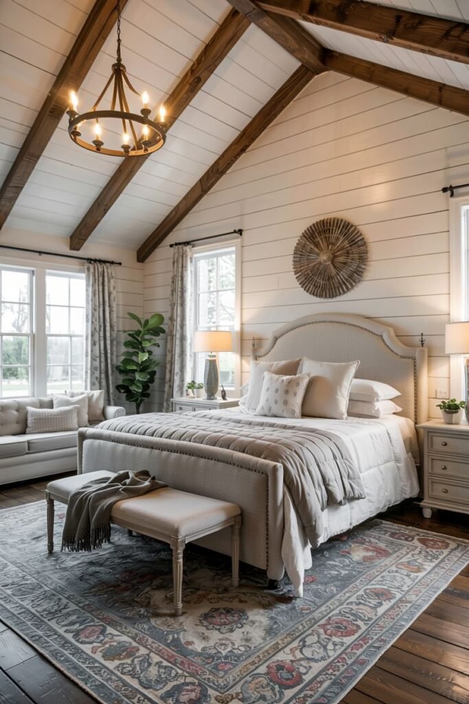 A farmhouse master bedroom with a high vaulted ceiling showing exposed dark wood beams and white planking. The bed has a tall upholstered headboard, layered pillows, and a beige throw. A padded bench is at the foot of the bed. Nightstands with lamps are on either side. A large area rug with a floral pattern covers dark wood floors. A large window with curtains and a plant is on the left. A chandelier hangs from the ceiling.