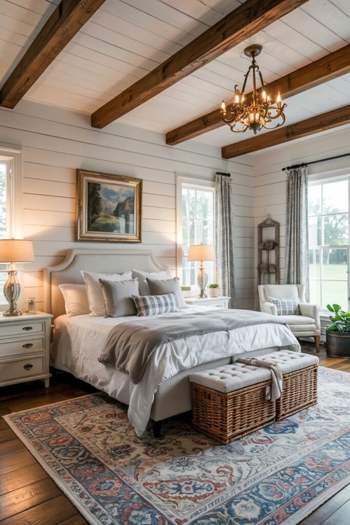 A farmhouse master bedroom with vaulted ceilings, exposed dark wood beams, and white plank walls. A large bed with a light-colored upholstered headboard is dressed with white and grey bedding and various pillows. A pair of woven storage ottomans are placed at the foot of the bed. Nightstands with lamps are on each side, and a dresser with a painting above it is visible on the left wall. The room has multiple windows with curtains. A large patterned rug lies on dark wood floors. A chandelier hangs from the ceiling.