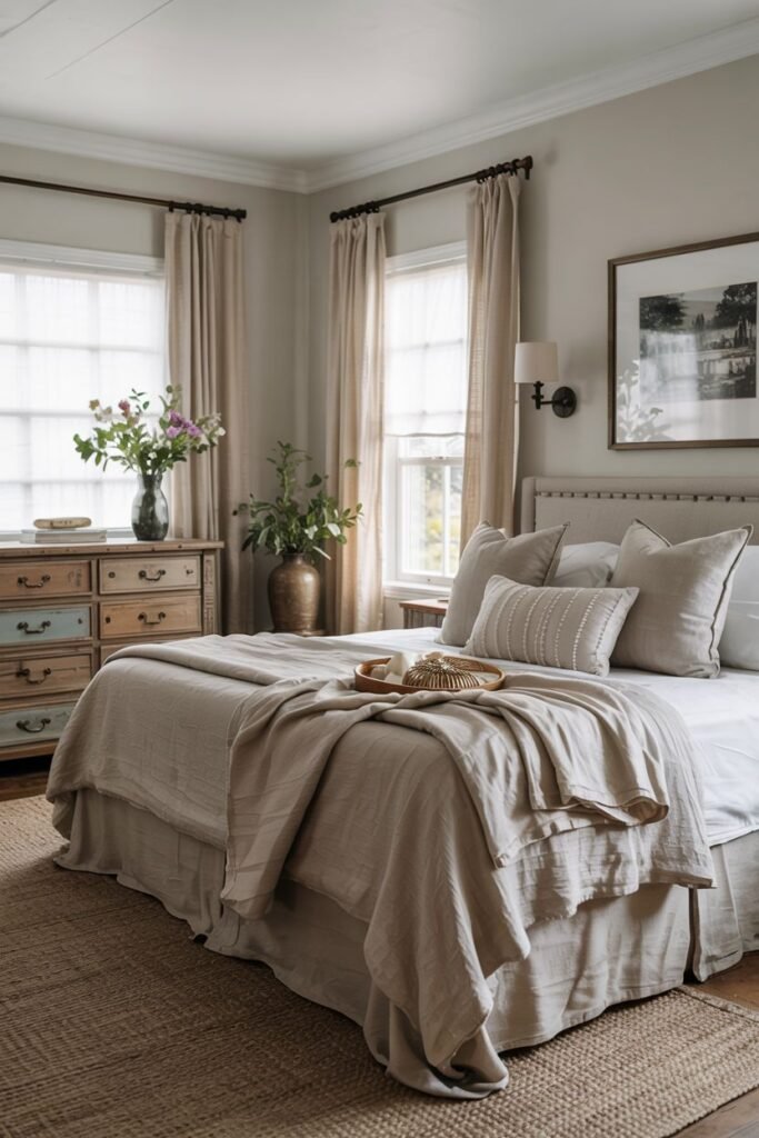 A cozy farmhouse master bedroom with a bed covered in layered neutral-colored bedding and pillows. A tray with a straw hat sits on the bed. A colorful, rustic dresser with flowers in a vase is on the left. A nightstand with a lamp is next to the bed. Windows with sheer curtains are visible. A jute rug is placed on wood floors. A framed picture hangs above the bed, lit by a wall lamp.