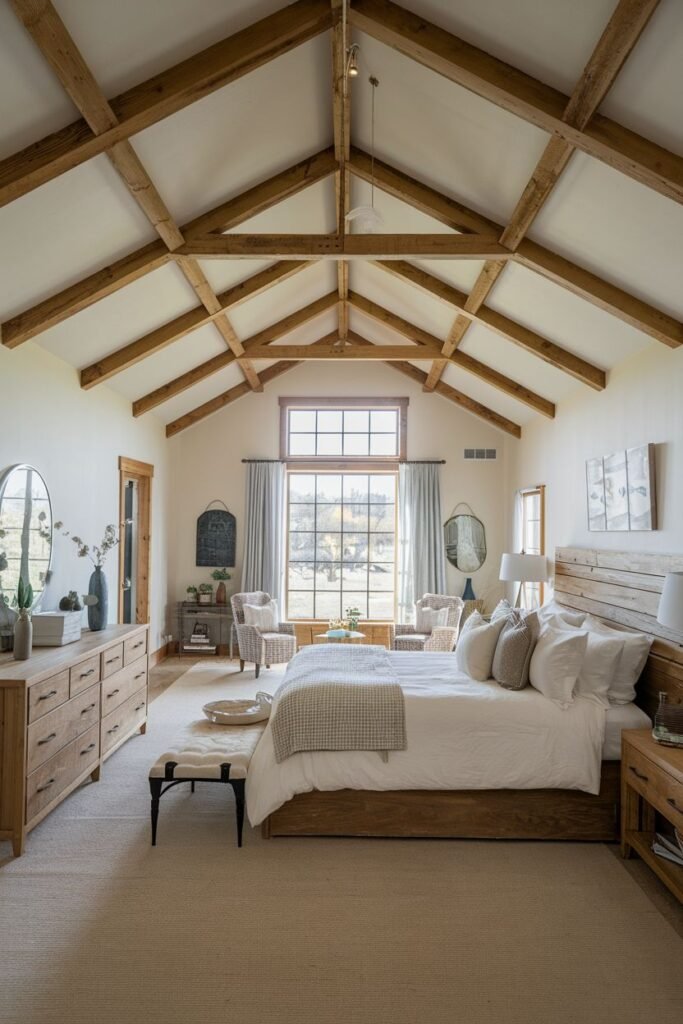 A spacious farmhouse master bedroom with a vaulted ceiling featuring exposed wood beams. A large bed with a wooden headboard and frame is dressed with white and neutral bedding. A bench with a cushion is at the foot of the bed. Two wooden dressers with mirrors and decor are on the left. The room has a large window with curtains providing natural light and views of the outdoors. A large light-colored rug covers the floor.