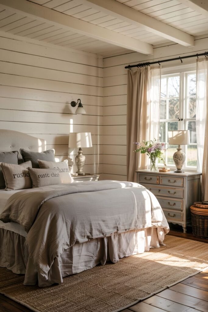 A bright farmhouse master bedroom with white plank walls and a white ceiling with exposed wood beams. A bed with a tufted headboard is covered in layered neutral bedding and pillows, some saying "rustic charm". A rustic dresser with flowers and a lamp is on the right. A nightstand with a lamp is on the left. A window with light-colored curtains lets in sunlight. A jute rug is placed on wood floors.