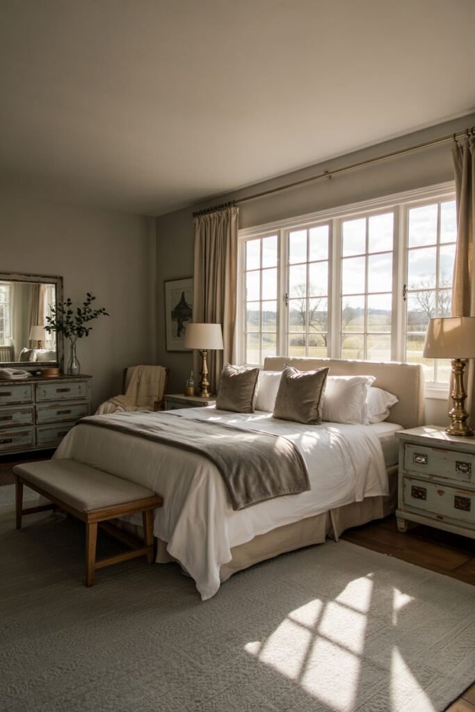 A peaceful farmhouse master bedroom with a large bed dressed in neutral bedding and pillows. A padded bench is at the foot of the bed. Rustic nightstands with lamps are on either side. A large dresser with a mirror and decor is on the left. The room has a very large window with a view of a field. Neutral curtains hang from a rod. A light-colored patterned rug is on wood floors.