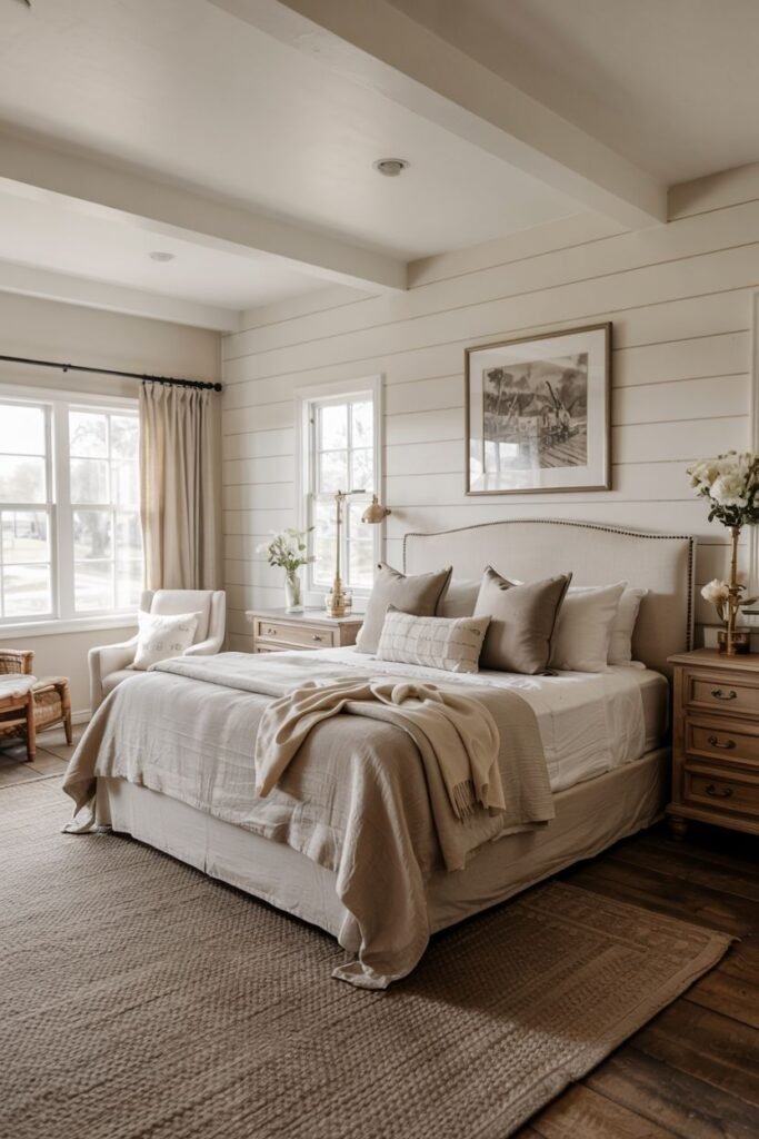 A farmhouse master bedroom featuring a bed with a light-colored upholstered headboard, layered neutral bedding, and various pillows. A nightstand with a lamp and decor is on the right. A wooden dresser is on the left. A window with light curtains provides natural light. A jute rug is placed on wood floors. A framed artwork hangs above the bed.