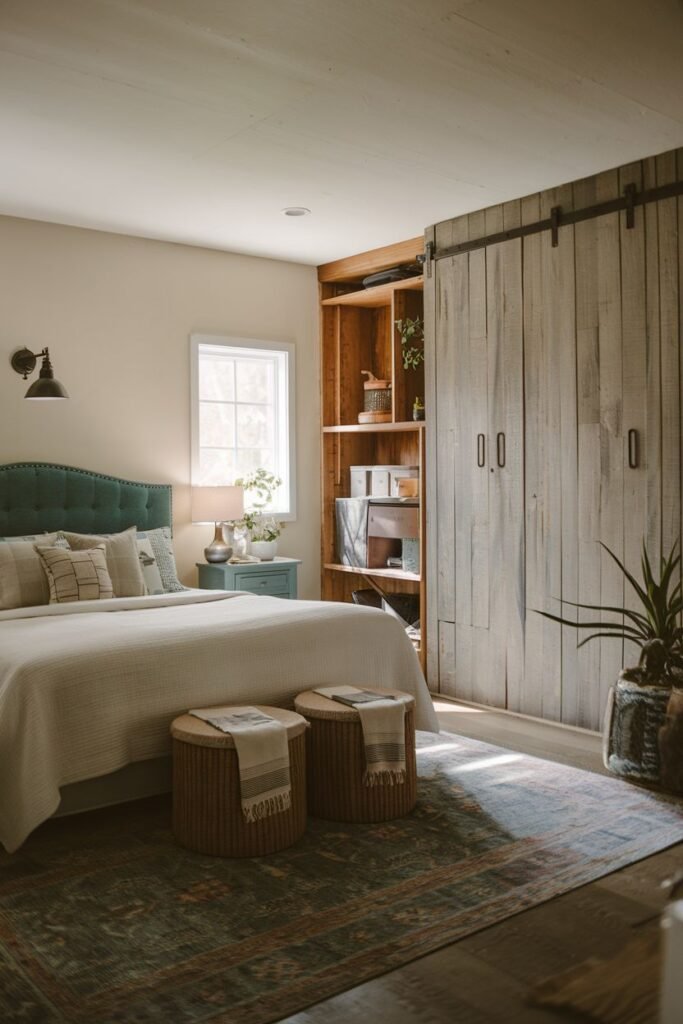 A farmhouse master bedroom featuring a bed with a blue upholstered headboard and neutral bedding. Two round woven ottomans are at the foot of the bed. A nightstand with a lamp and decor is on the left. A large wooden barn door slides open to reveal shelving. A window is on the left. A patterned rug is placed on dark wood floors.