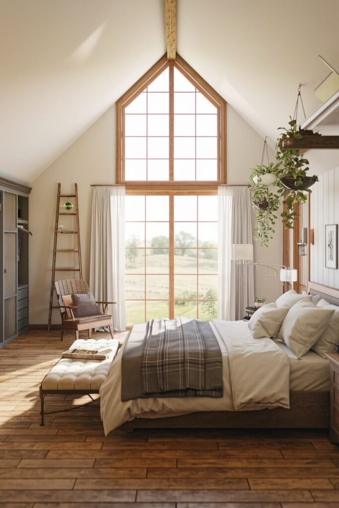 A bright farmhouse master bedroom with a large A-frame window offering expansive views of the landscape. The bed is covered in white and grey bedding. A padded bench is at the foot of the bed. A lamp is on the left nightstand. A tall wooden ladder and chair are visible on the left. Hanging plants are suspended from the ceiling. The room has wood floors and a large patterned rug.