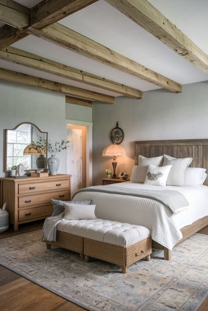 A farmhouse master bedroom with exposed wooden ceiling beams. A bed with a wooden headboard is covered in white bedding and neutral pillows. A large woven bench is at the foot of the bed. A wooden dresser with a mirror and decor is on the left. A nightstand with a lamp is on the right. A patterned rug covers the wood floor.