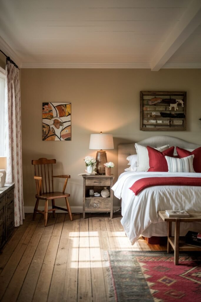 A farmhouse master bedroom with red accent colors. The bed is dressed with white and red bedding and pillows. A rustic nightstand with a lamp and flowers is on the left. A wooden chair and multi-colored dresser are also on the left. Art hangs on the wall. A patterned rug with red accents is on the wood floor. Windows have patterned curtains.
