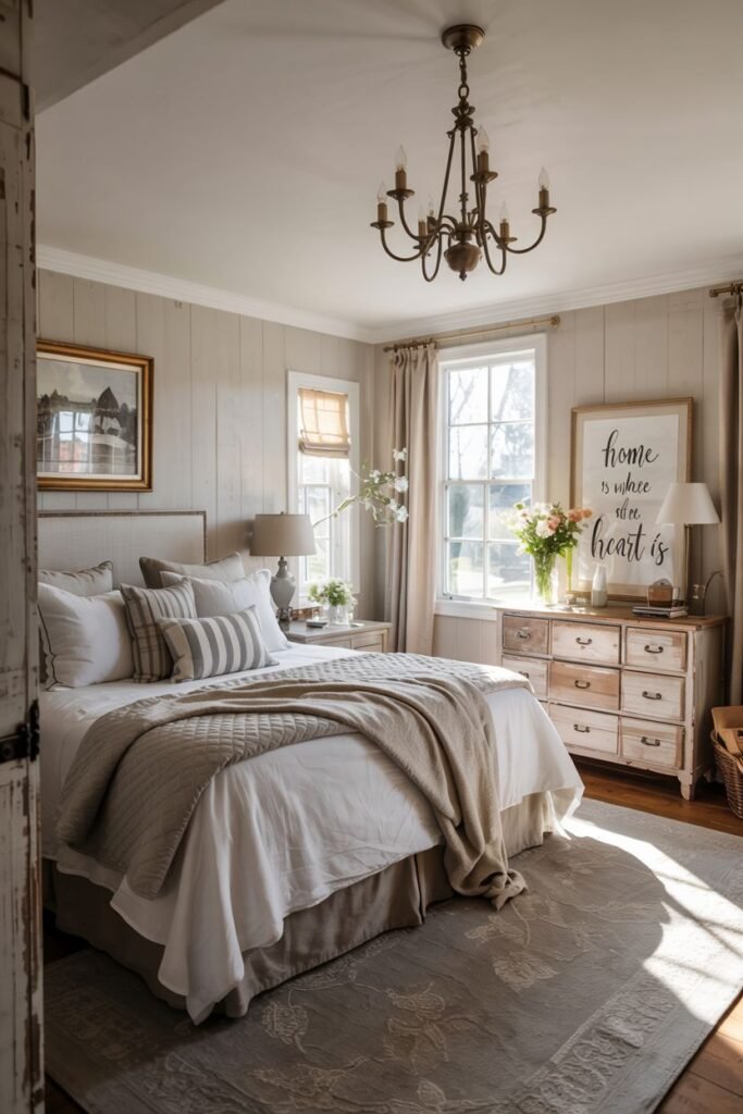 A charming farmhouse master bedroom featuring a bed with a light-colored upholstered headboard and layered neutral bedding and pillows. A rustic dresser with flowers and a lamp is on the right, with a large sign above it that says "home is where the heart is". A nightstand with a lamp is on the left. Windows with curtains are visible. A patterned rug is placed on wood floors. A chandelier hangs from the ceiling.