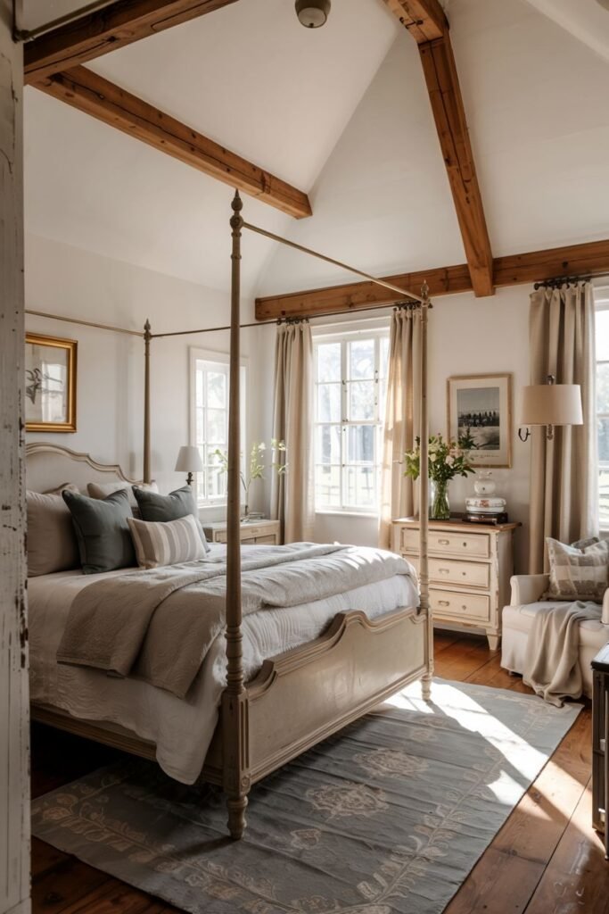 A spacious farmhouse master bedroom featuring a four-poster bed. The bed is dressed in layered neutral bedding and pillows. A rustic dresser with flowers and a lamp is on the right. A chair is next to the dresser. Windows with curtains are visible. Exposed wooden beams are on the ceiling. A patterned rug covers the wood floor.
