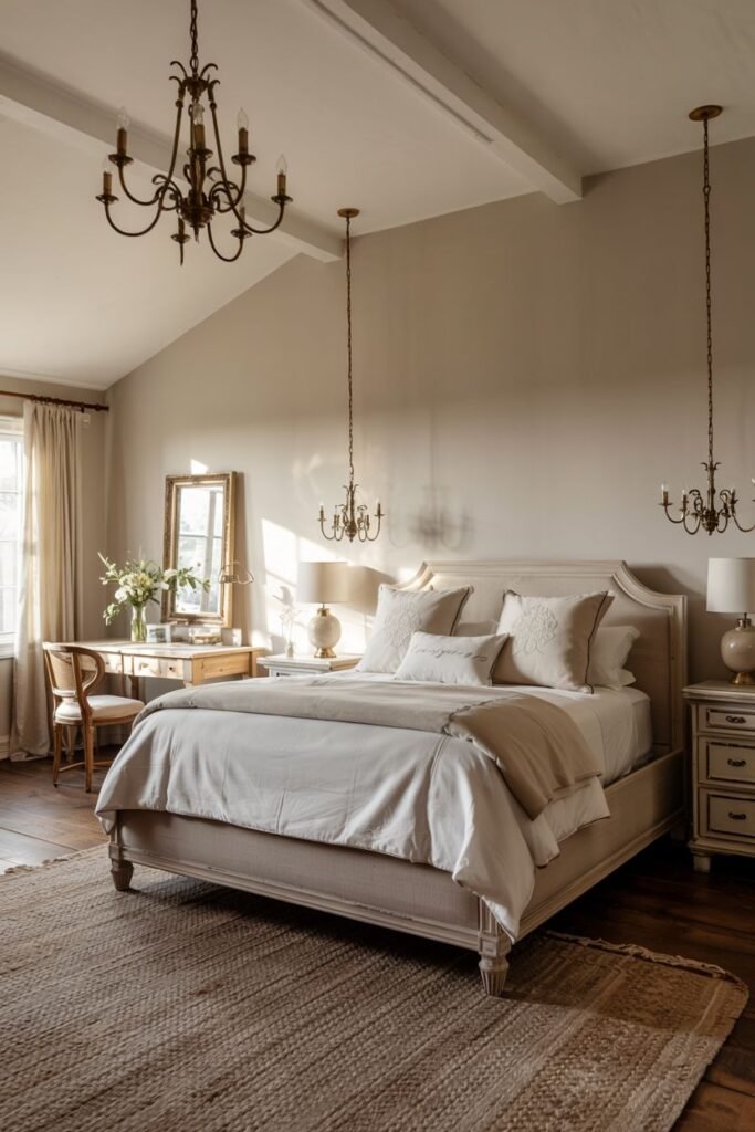 A farmhouse master bedroom with a bed featuring a light-colored upholstered headboard, neutral bedding, and pillows. Two chandeliers hang from the ceiling above the bed area. Nightstands with lamps are on either side. A wooden desk with a mirror and flowers is on the left. A jute rug is placed on wood floors. Windows with curtains are visible.