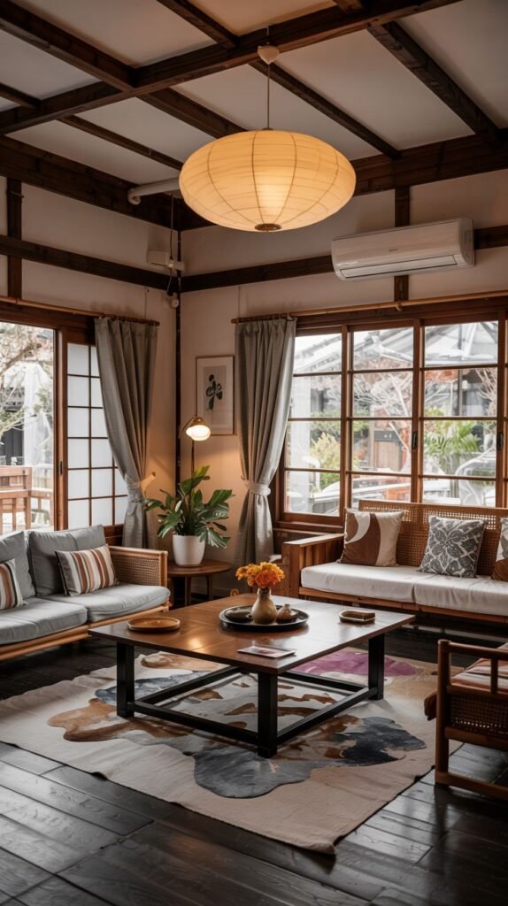 A sleek Japanese living room showcasing elevated shelving built into the wall, a modern white sofa on a patterned rug, and tatami mats around the seating area.
