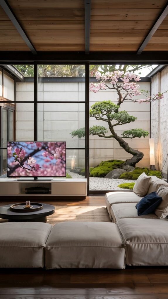 A bright Gorgeous Japanese living room with large glass windows providing a garden view with a flowering tree, featuring a white modular sofa and television on a low cabinet.