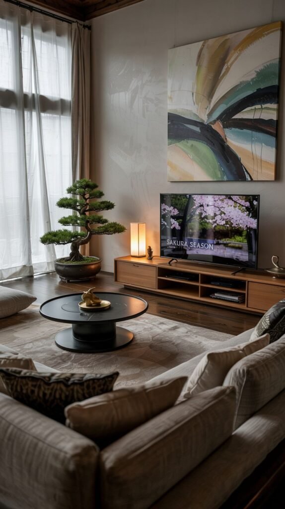 A calm Japanese living room with neutral tones, featuring a modular sofa, a bonsai tree, and abstract artwork, illuminated by natural and ambient light.