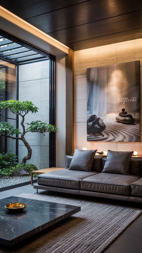 A refined Gorgeous Japanese living room overlooking a small contained outdoor garden, featuring a dark grey leather sofa and a large dark marble coffee table.