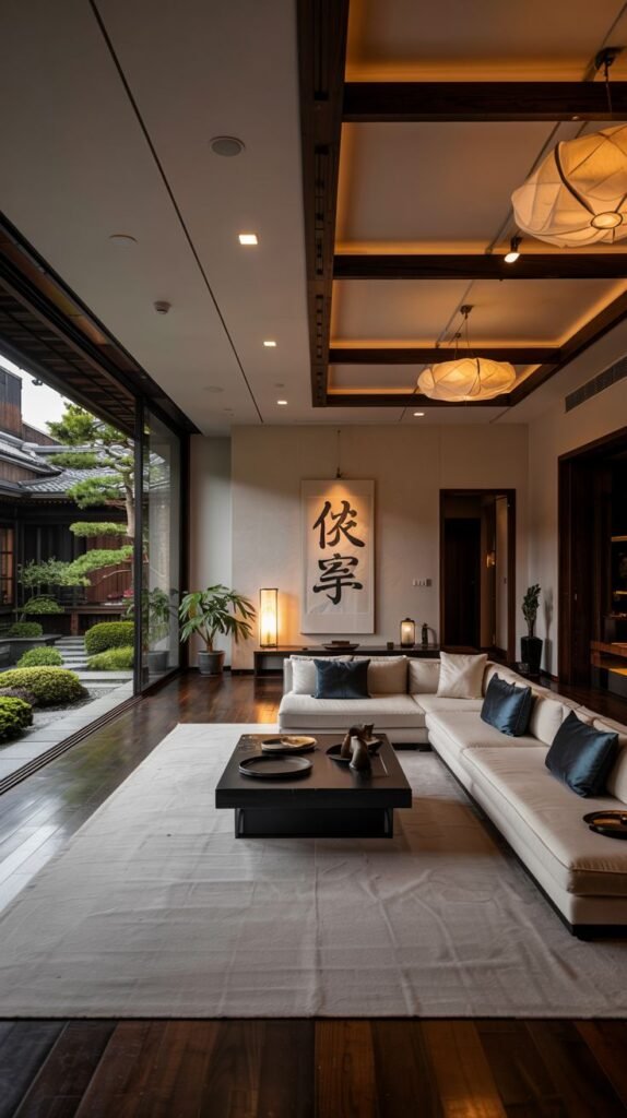 An elegant Japanese living room with an expansive view of a large Japanese garden through extensive glass doors, featuring a large white sectional sofa and a large scroll with Japanese calligraphy.
