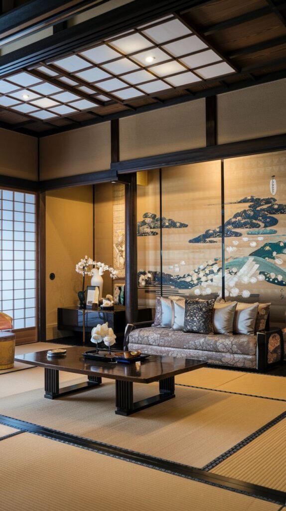 A traditional Japanese living room with tatami mats covering the floor, a low coffee table, a patterned sofa, and large sliding screens adorned with painted landscapes.