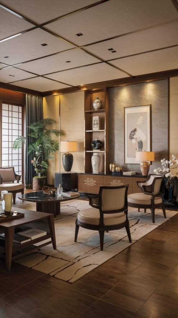 A luxurious Japanese living room with plush seating including armchairs and a sofa, detailed cabinetry and shelving, and a patterned rug on wooden flooring.
