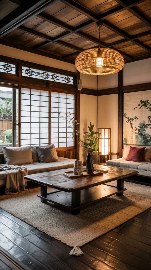 A rustic Gorgeous Japanese living room featuring dark wooden floors, exposed wooden beams, a large woven rattan pendant light, and low seating around a rustic wooden coffee table.