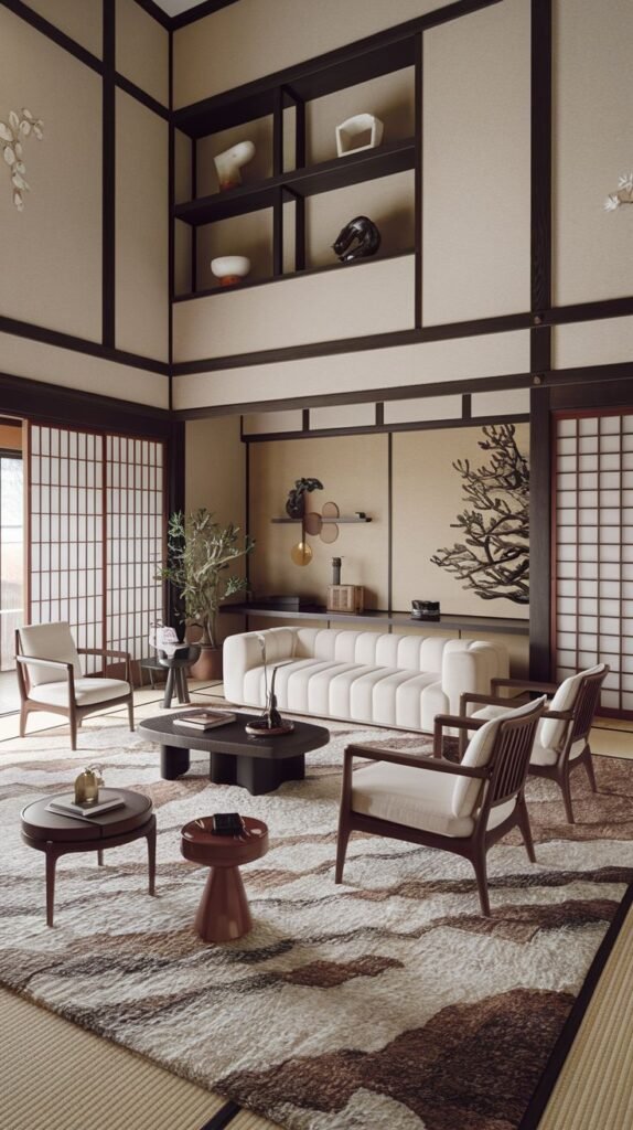A bright and airy Japanese living room with large windows, furniture with woven elements, a square coffee table, and a circular paper lantern ceiling light.