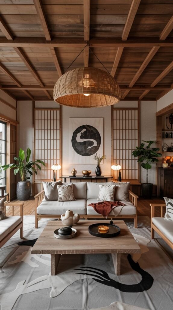A stylish Gorgeous Japanese living room with exposed wooden beams, a woven rattan pendant light, a unique large dark wooden coffee table, and a large circular abstract artwork.