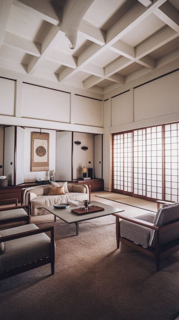 An elegant Japanese living room with a distinct white coffered ceiling, simple furniture including a light-colored sofa and armchairs, and large sliding screens with a geometric pattern.