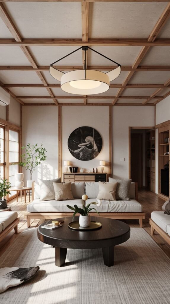 A contemporary Japanese living room featuring wooden ceiling beams, a dark circular coffee table, and a modern circular ceiling light fixture.