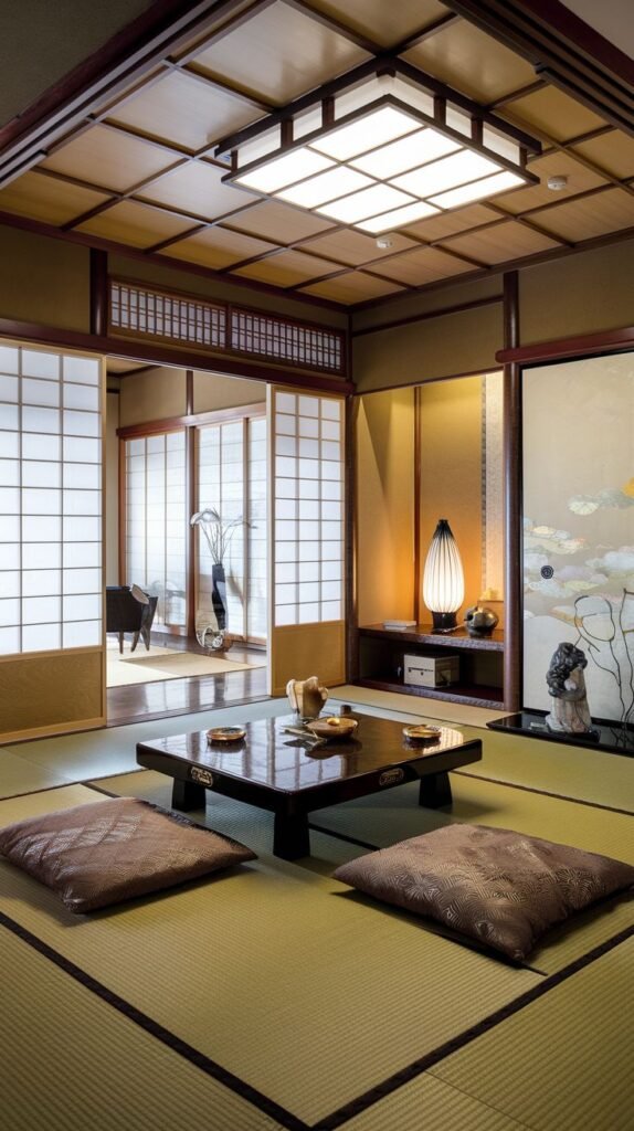 A traditional Japanese living room with tatami mats covering the floor, a low dark square table, floor cushions used for seating, sliding screen doors, and a square lattice ceiling light fixture.