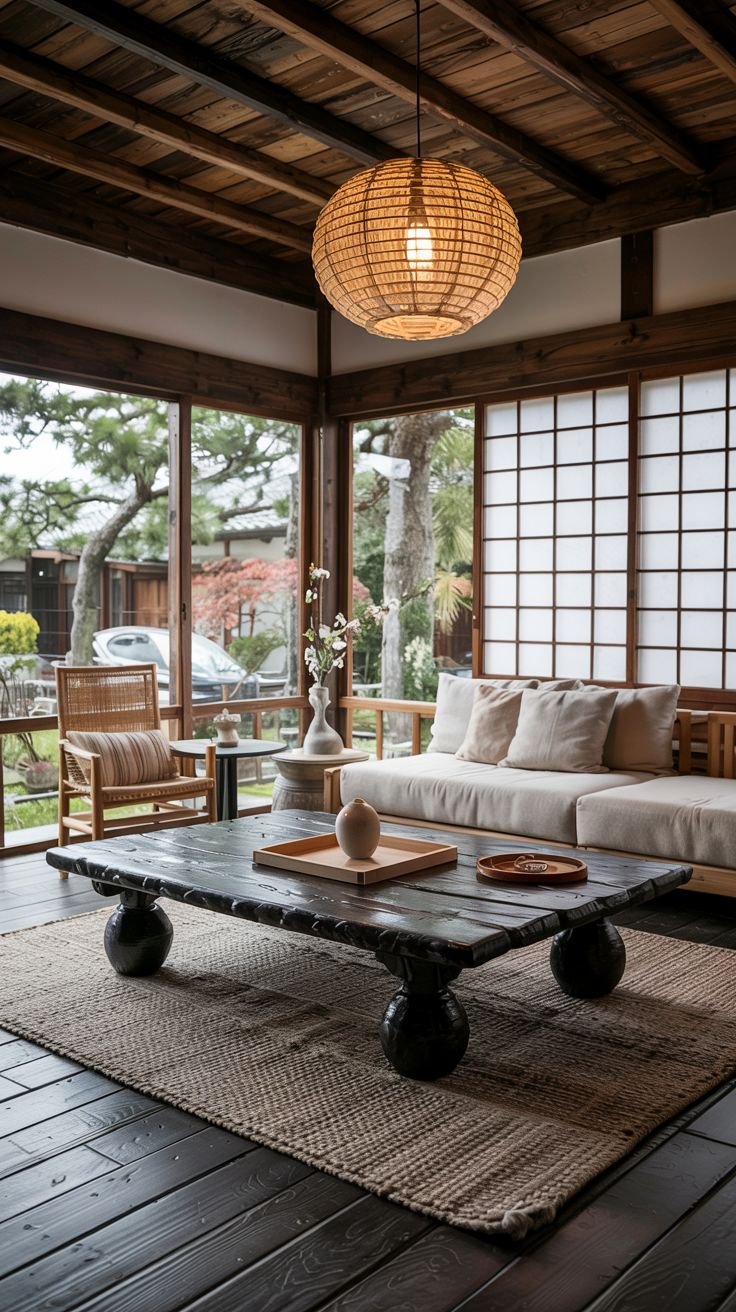 A rustic Japanese living room featuring dark wooden floors and exposed wooden beams, a unique dark wooden coffee table with large spherical legs, and a woven rattan pendant light.