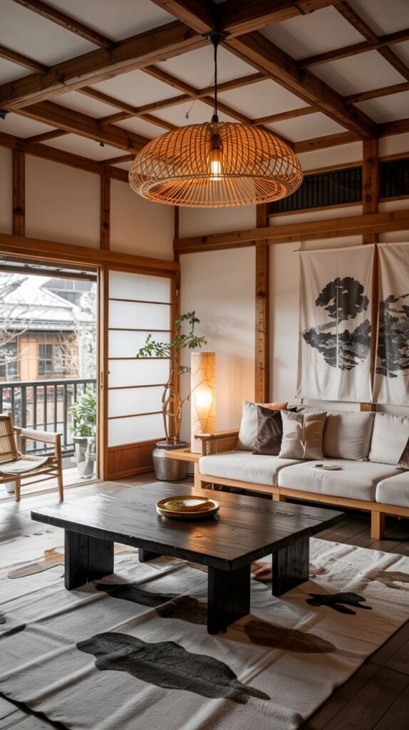 A spacious Gorgeous Japanese living room with dark wooden floors, exposed wooden beams, a large dark rectangular coffee table, scroll artworks with cloud motifs, and a large woven rattan pendant light.