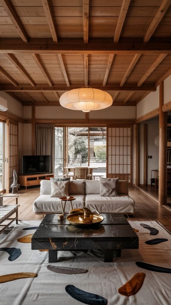 An expansive Japanese living room with exposed wooden ceiling beams and wooden floorboards, a large white modular sofa, a dark square marble coffee table, and a colorful abstract rug.