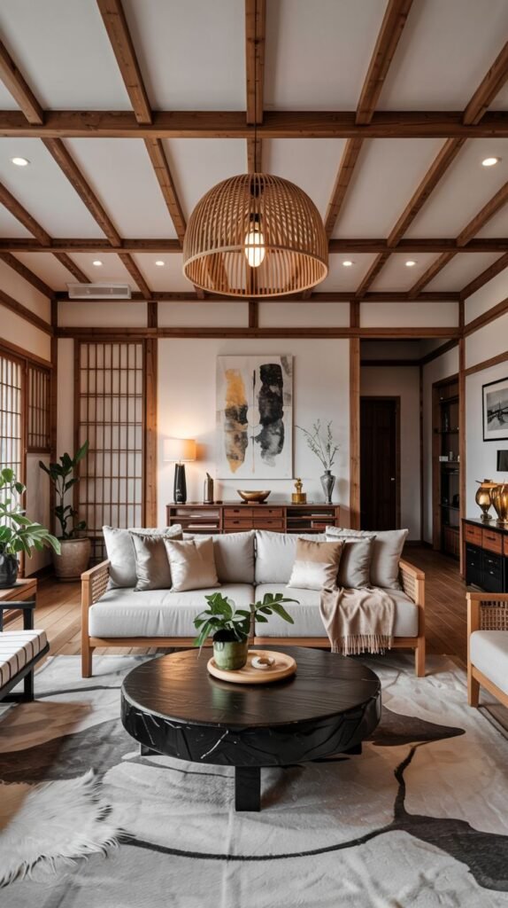 A Gorgeous Japanese living room featuring exposed wooden beams, a large rattan pendant light, a sofa with a wooden frame and light cushions, and a dark circular coffee table on a patterned rug.