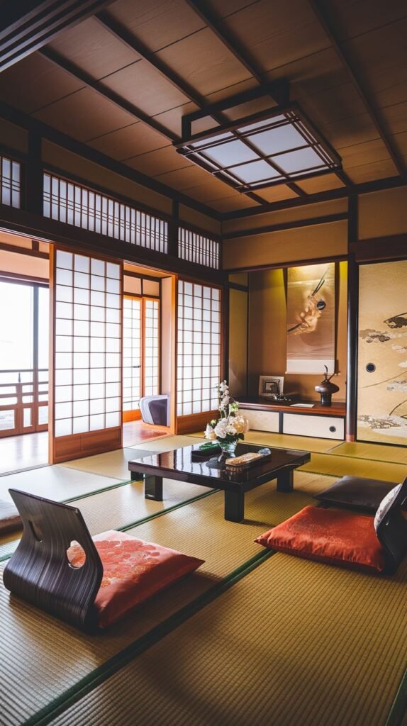 A traditional Japanese living room with tatami mats covering the entire floor, a low dark rectangular table, floor seating using cushions and low chairs, and a square lantern-style ceiling light.