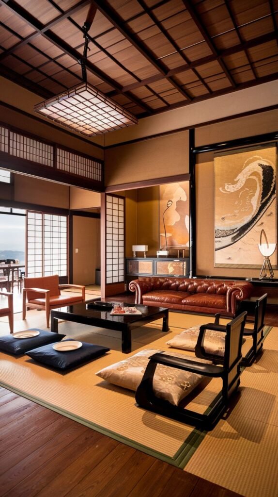 A Japanese living room combining tatami mats and dark wooden flooring, featuring a low table with floor seating and a large wave artwork on the wall.