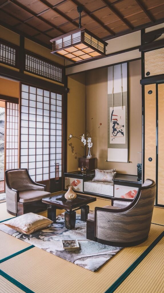 A cozy Japanese living room with tatami mats in the seating area, curved seating including armchairs and a small sofa, a low dark coffee table, and a large scroll artwork on the wall.