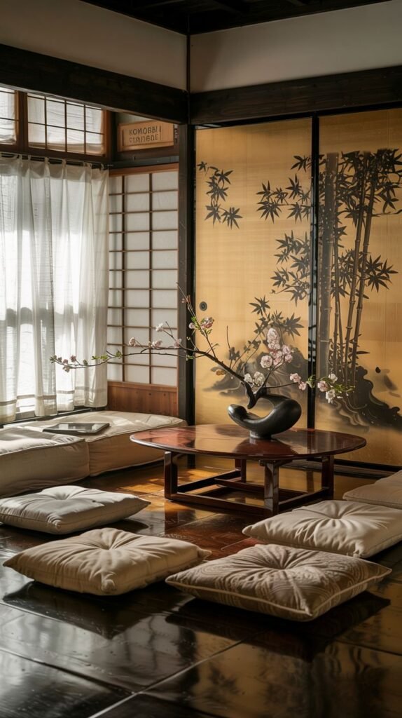 A tranquil Japanese living room featuring dark wooden floors and a tatami mat area, a low circular table surrounded by floor cushions, and a large screen with a bamboo painting.