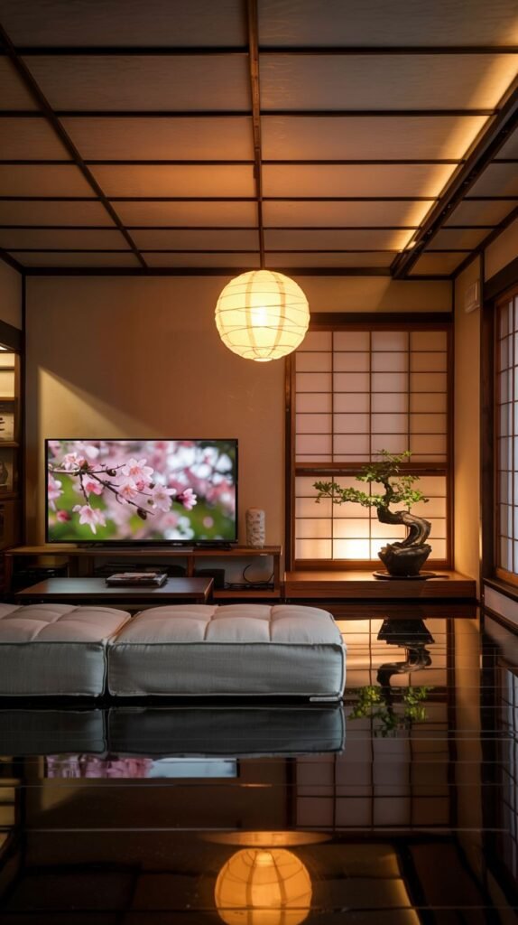 A modern Japanese living room with a glossy dark floor reflecting a circular paper lantern, featuring a low modular sofa and a television with a bonsai tree.