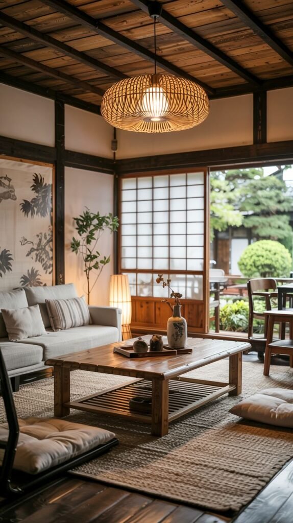 A spacious Japanese living room offering a seamless indoor-outdoor transition to a garden through large glass windows, with a low modular sofa and a large abstract artwork.
