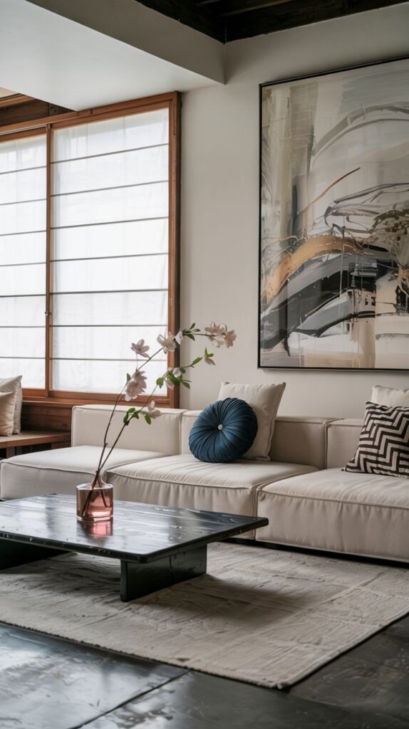 A contemporary Japanese living room with a minimalist aesthetic, featuring a large white modular sofa and abstract artwork on the wall.