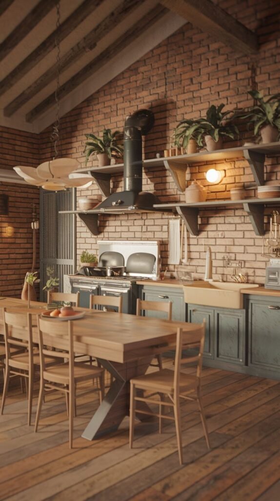 Luxury boho kitchen and dining area featuring brick walls, wood ceiling beams, a large wooden dining table, and open shelving filled with boho plants and decor. Dark green cabinets add a touch of luxury.