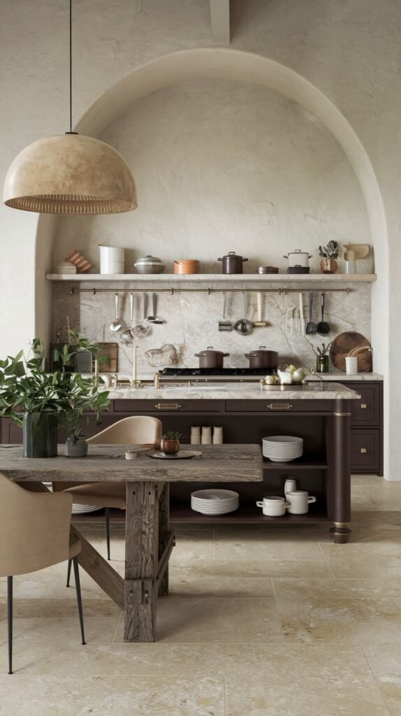 Luxury boho kitchen area featuring an arched alcove with open shelving displaying pots and boho decor. Dark lower cabinets and a marble counter add luxury.