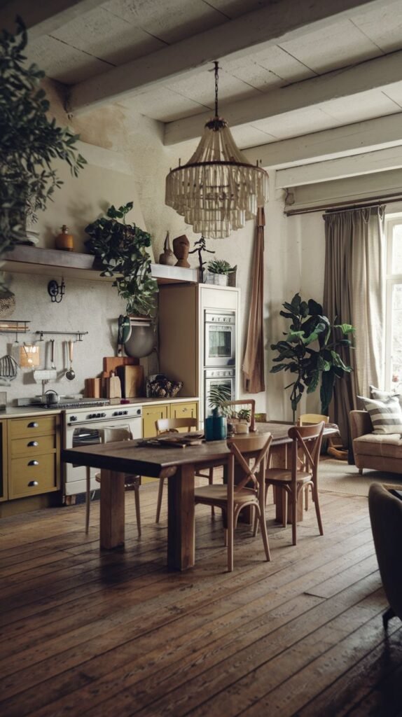 Luxury boho kitchen and dining area with white walls, exposed beams, and a range cooker. Open shelving is filled with boho decor and plants. A beaded chandelier adds a touch of luxury boho style.