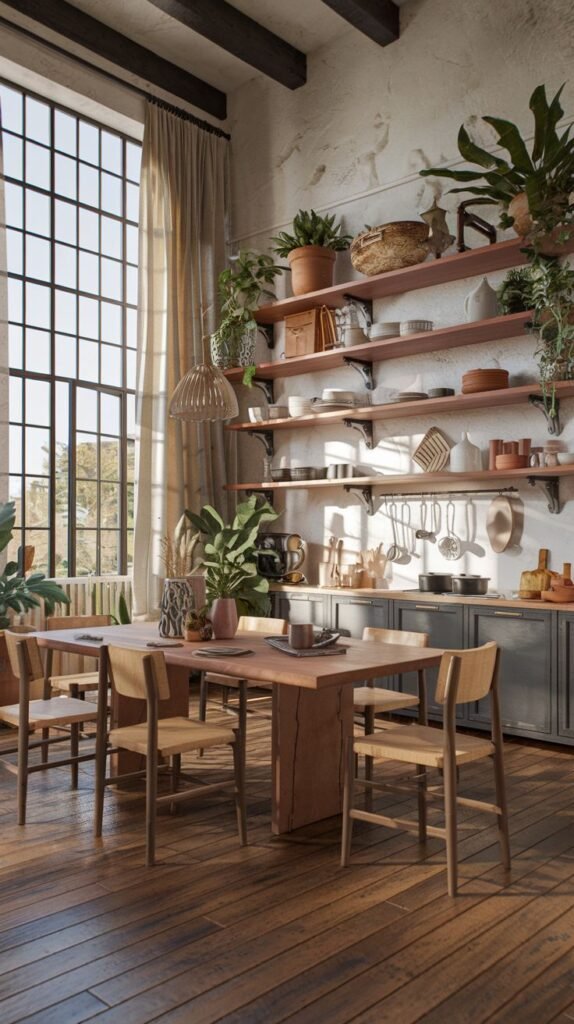Spacious luxury boho kitchen and dining area with tall windows, exposed beams, and open shelving displaying dishes and many boho plants. The large wooden dining table anchors the space.