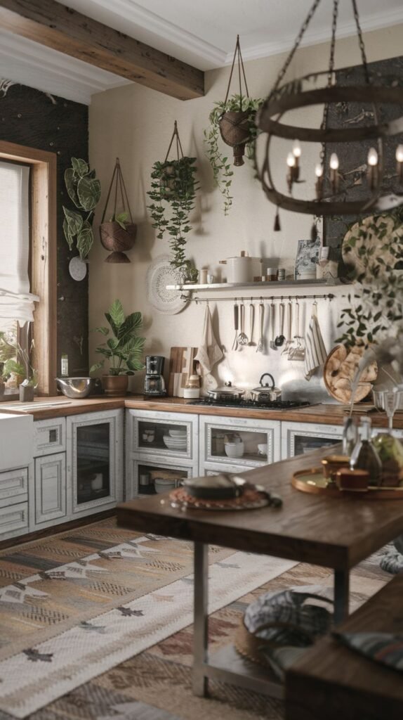 Luxury boho kitchen corner with white cabinets and glass fronts, a wood countertop, and open shelving. Hanging plants and a colorful patterned rug enhance the boho feel.