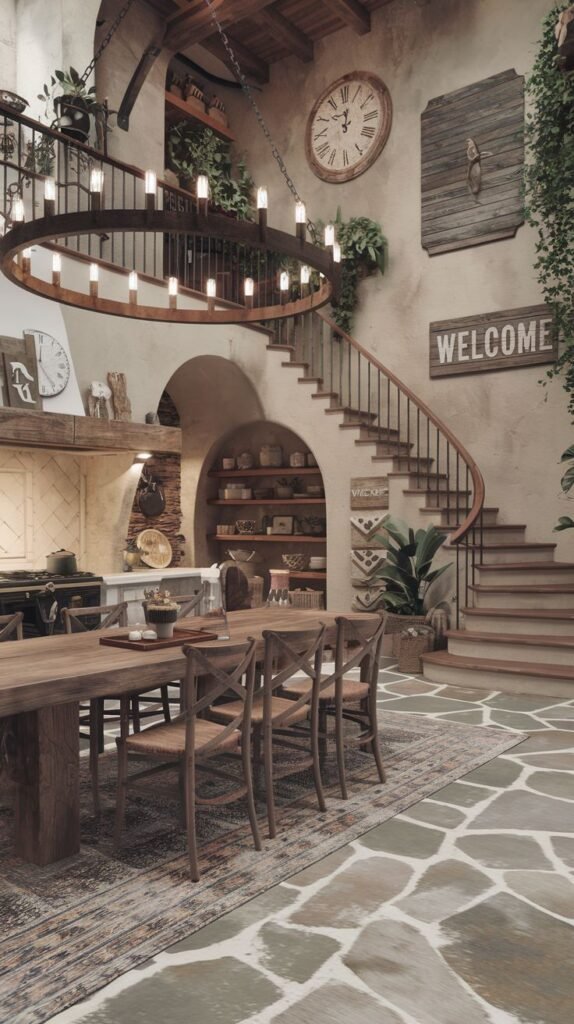 Luxury boho kitchen and dining area combined with a staircase. The space features a large chandelier, a wooden dining table, patterned rug, and ample boho plants and decor, creating a luxury boho environment.