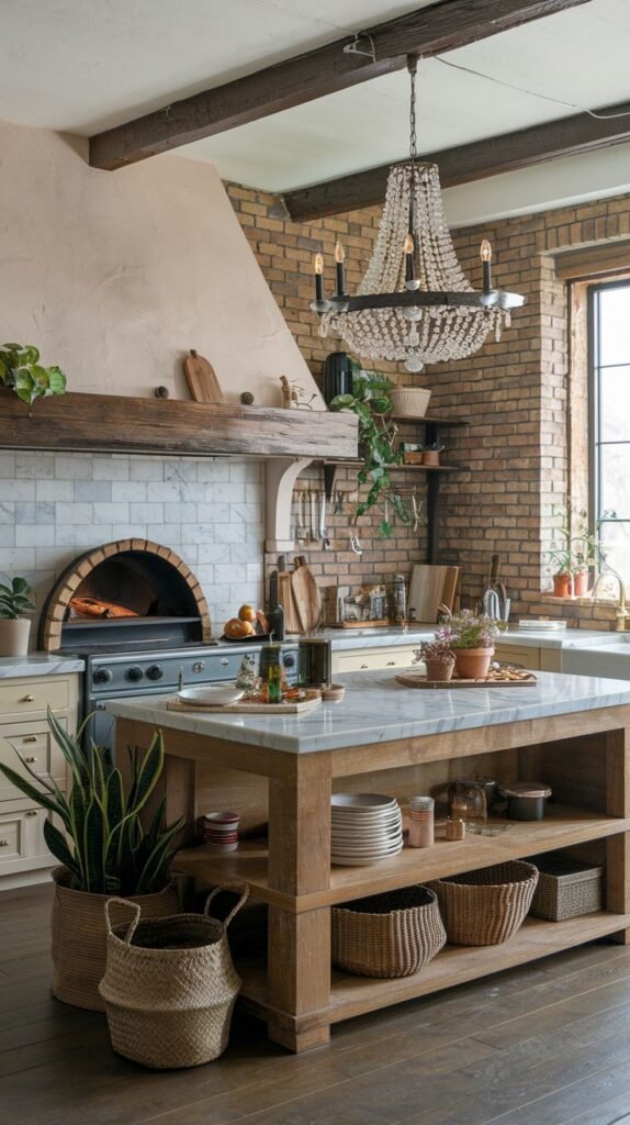 Luxury boho kitchen with a brick wall, a range featuring a pizza oven, and a marble-top island with open shelving. Boho plants in baskets add to the luxury boho aesthetic.
