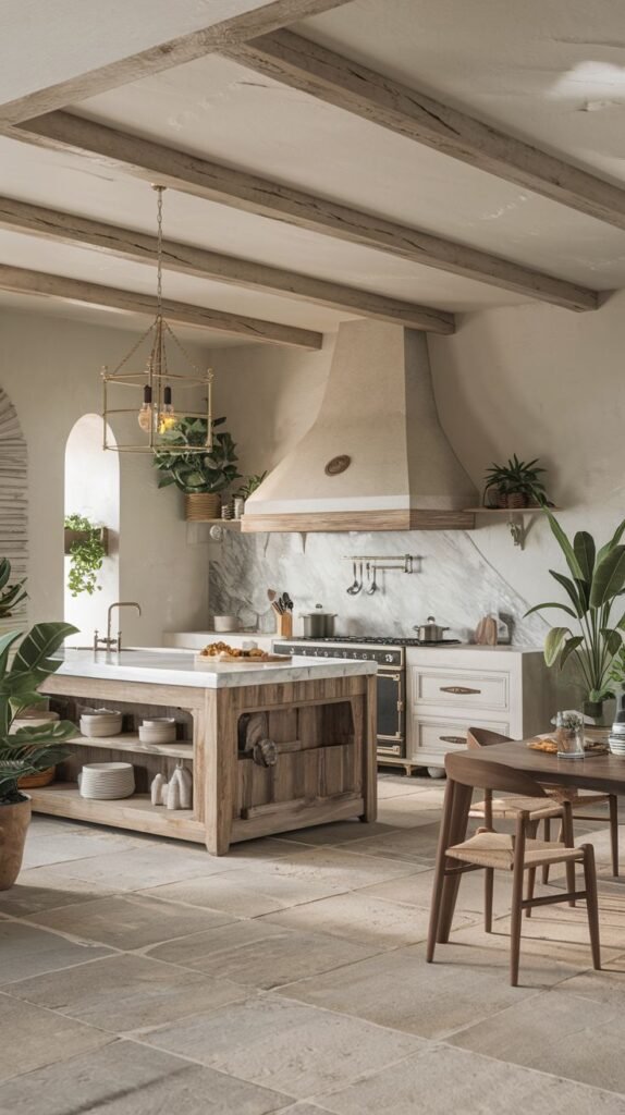 Luxury boho kitchen featuring an arched alcove, exposed beams, an elaborate range hood, and a marble-top island with open shelving. Large plants contribute to the boho luxury feel.