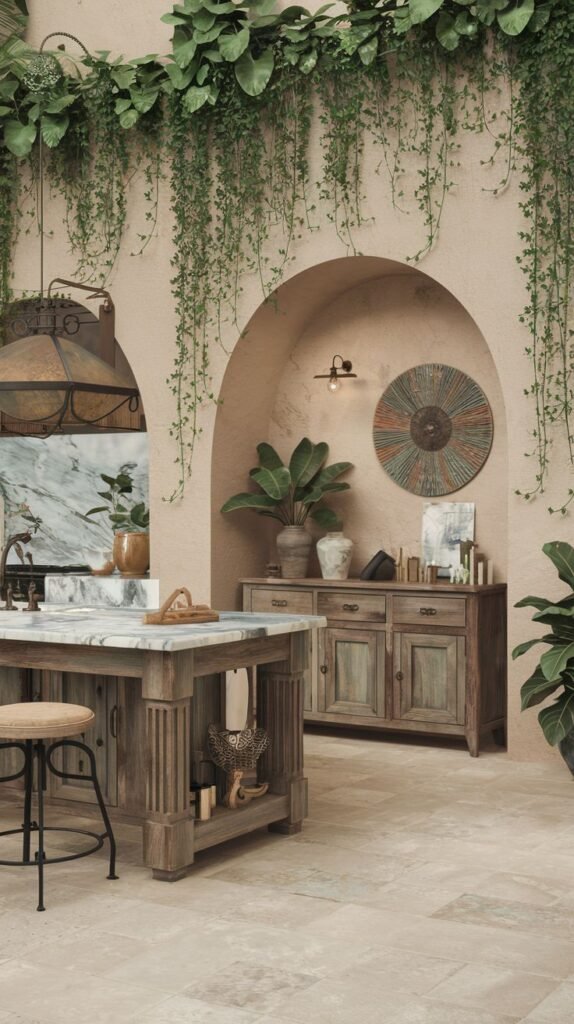 Luxury boho kitchen area with a stone tile floor and arched alcove. A marble-top island and a wooden sideboard are surrounded by extensive hanging and potted plants, creating a luxury boho oasis.
