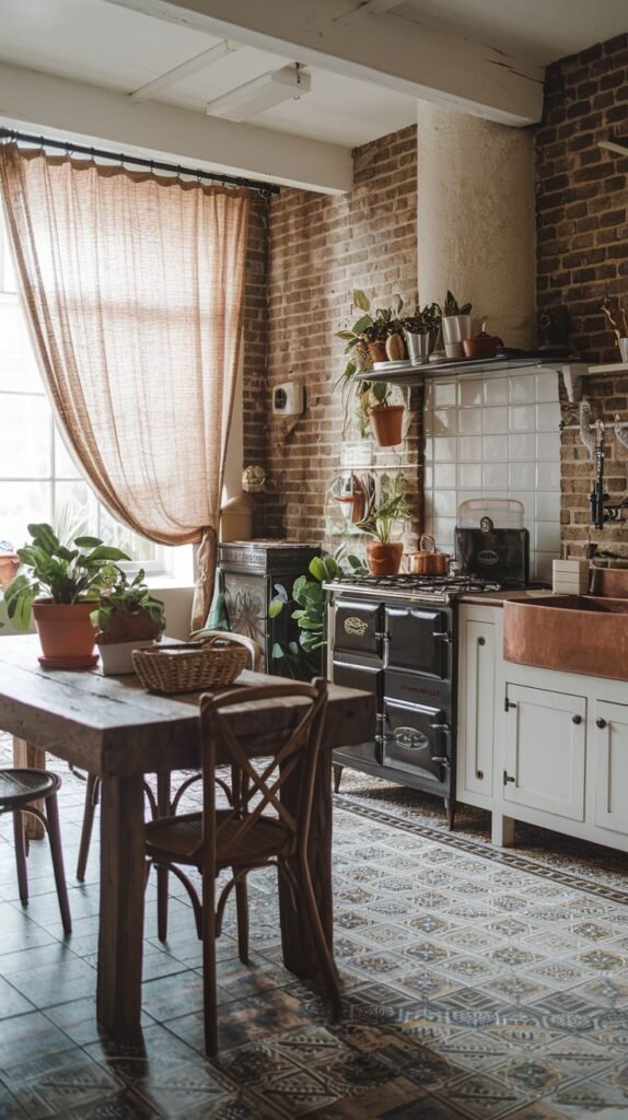 Luxury boho kitchen and dining area with exposed brick walls, a large window with a linen curtain, and patterned floor tiles. The space combines a classic range cooker with boho elements.