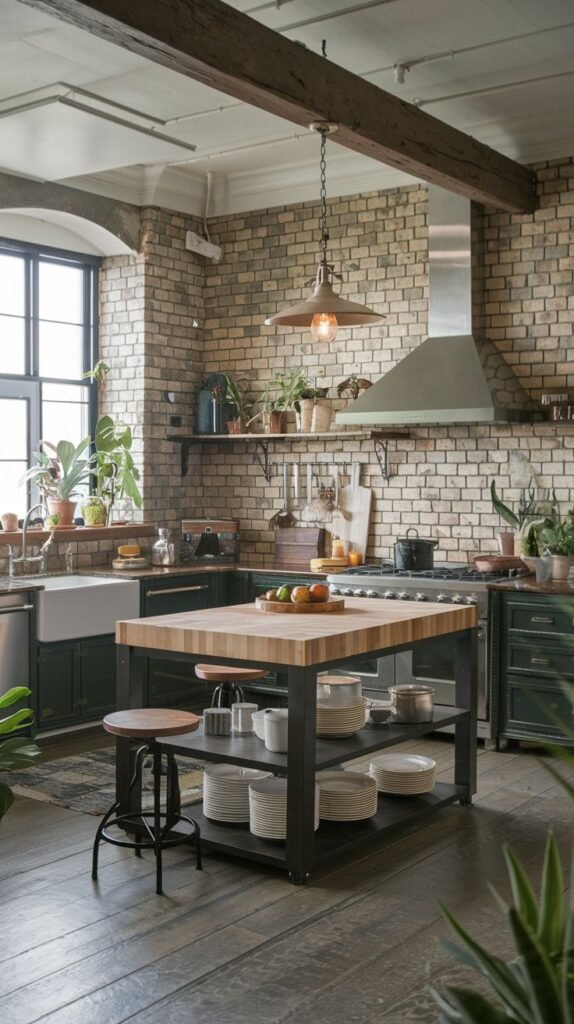Luxury boho kitchen with exposed brick walls, beams, and a large window. Dark green cabinets and a butcher block island add luxury and texture, while plants enhance the boho feel.