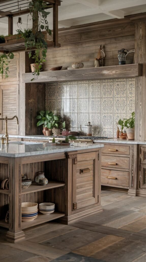 Luxury boho kitchen with rustic wood walls and cabinets, a marble-top island, a tiled backsplash, and potted plants. Potted plants add a touch of boho charm to this luxury space.